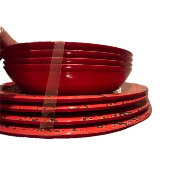 Tommy Bahama Melamine Christmas Red Crackle Plates Bowls 8pc - Picture 2 of 7